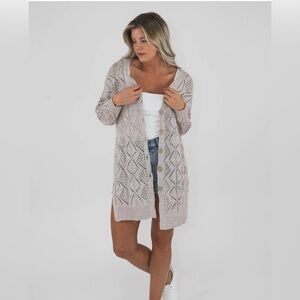 Open Knit Long Cardigan Sweater L Taupe Beige...